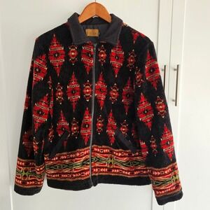 VTG Tsunami Fleece Jacket Black Red Full‎ Zip Southwestern Print Artsy Medium